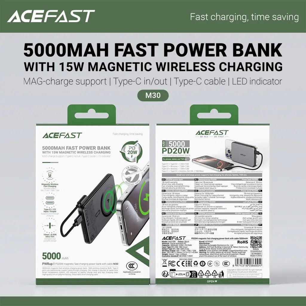 [CCC Power Bank] Acefast 5000mAh Magnetic Power Bank 15W Wireless Fast Charging 3C Certified M30 Tech House Singapore
