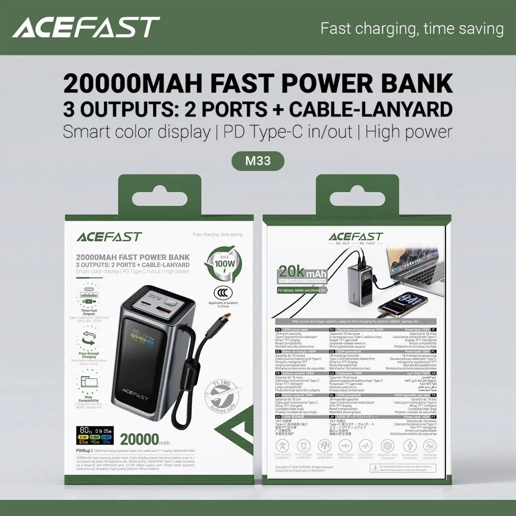 [CCC Power Bank] Acefast 20000mAh Power Bank 100W Fast Charging with Built-In USB-C Cable M33 Tech House Singapore