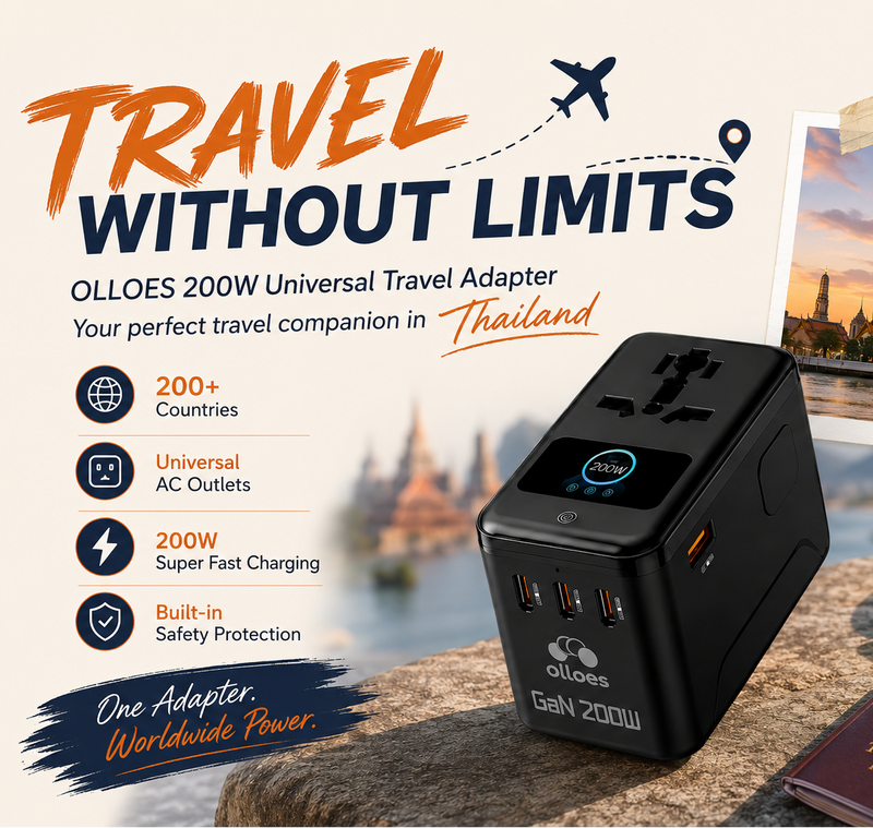 A black OLLOES 200W universal travel adapter shown in a travel-themed promotional layout with a Thailand passport, straw hat, sunglasses, and a postcard of Ayutthaya, under the headline 'TRAVEL WITHOUT LIMITS'.